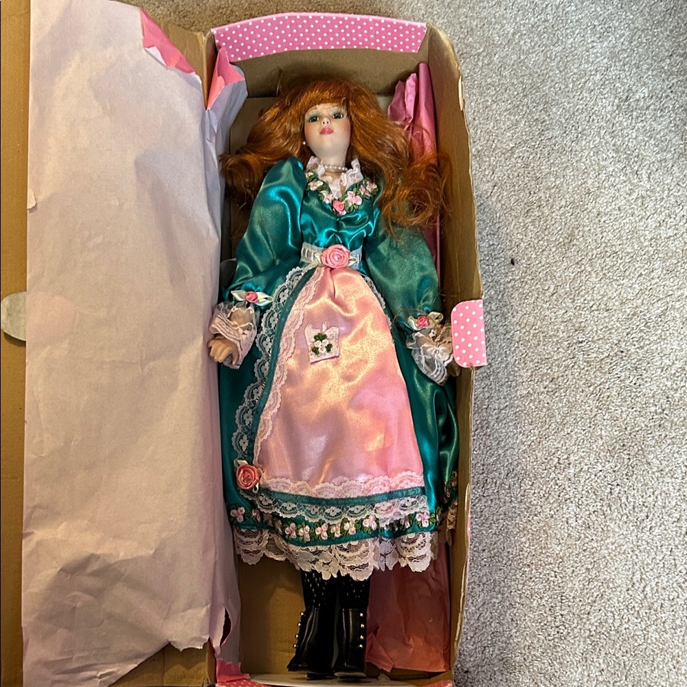 Sweet Molly Marlene Elegant Porcelain Doll in Teal and Pink Dress